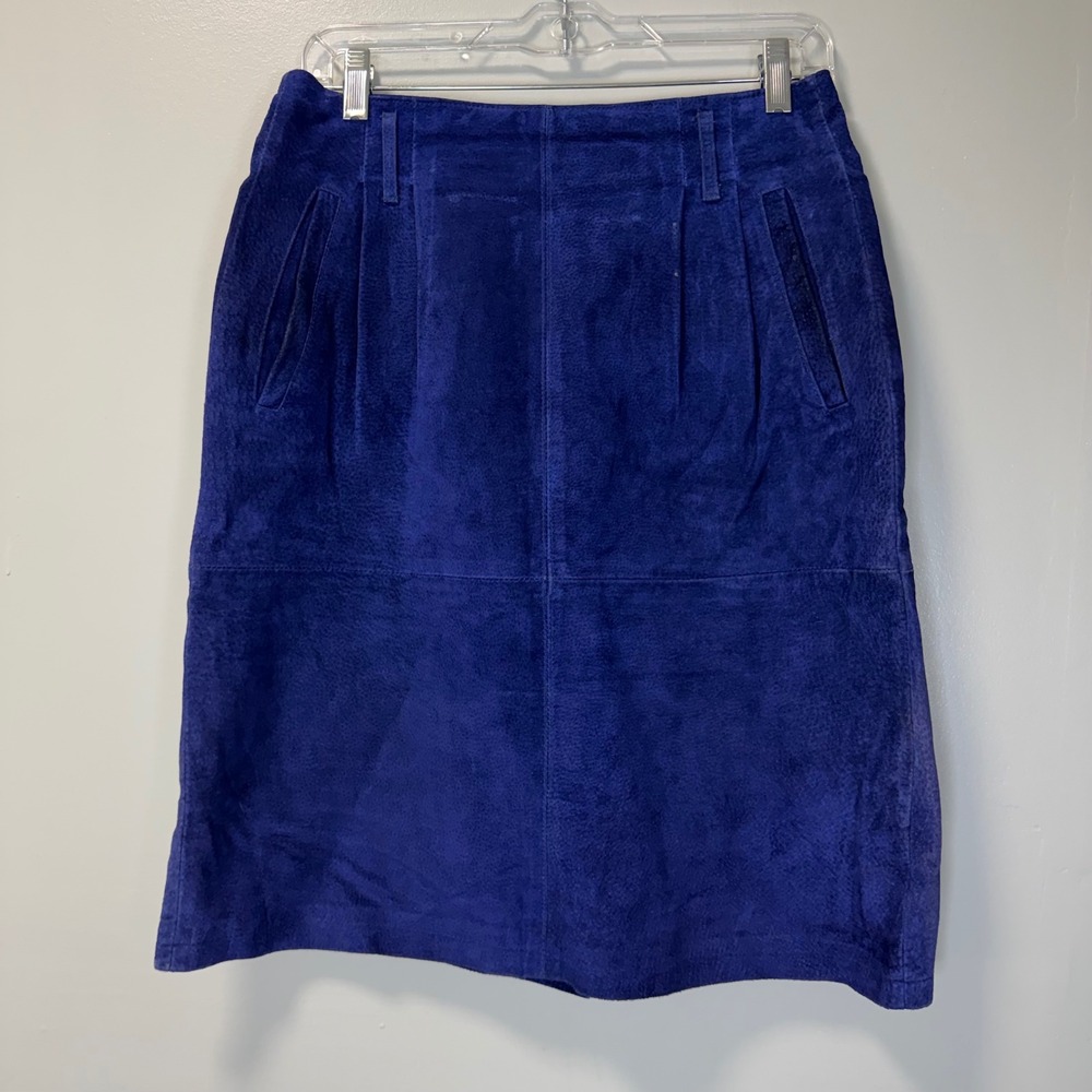 Vintage Interim Royal Blue Suede Leather Midi Skirt Size 13 High Waist Pockets